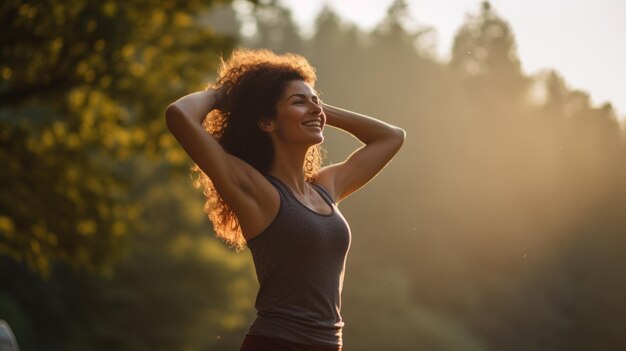 Giovane donna che lavora all'aperto al parco all'alba