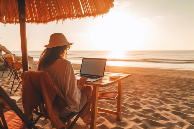 Giovane donna che lavora con un computer portatile sulla natura in estate spiaggia IA generativa
