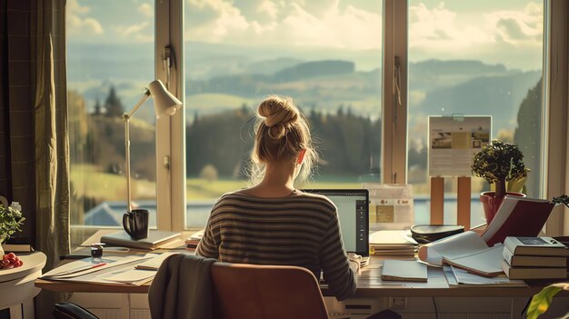 Giovane donna che lavora da casa guardando fuori dalla finestra un bellissimo paesaggio di montagna è seduta alla sua scrivania circondata da documenti e file