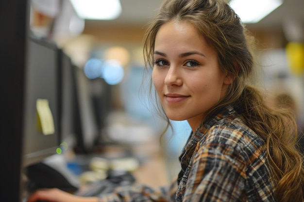 Giovane donna che lavora in ufficio con un computer
