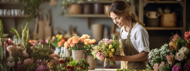 Giovane donna che lavora in un negozio di fiori