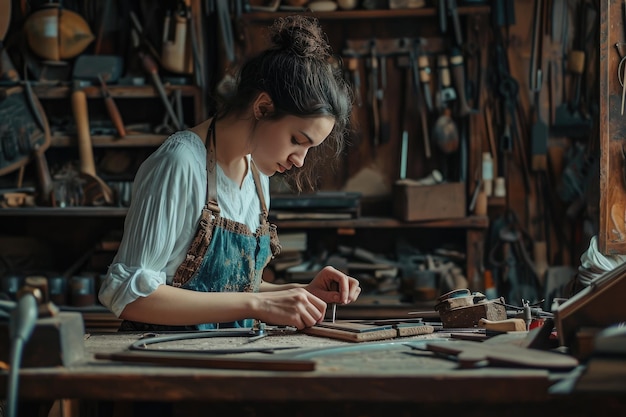 giovane donna che lavora in un'officina