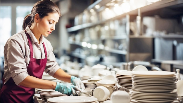 Giovane donna che lavora in un ristorante pulendo e sistemando i piatti in cucina concetto di pulizia