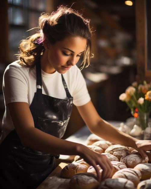 Giovane donna che lavora in una panetteria