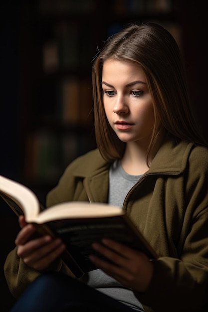 Giovane donna che legge dal suo libro di testo creato con l'intelligenza artificiale generativa