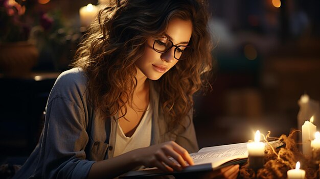 giovane donna che legge un libro a casa