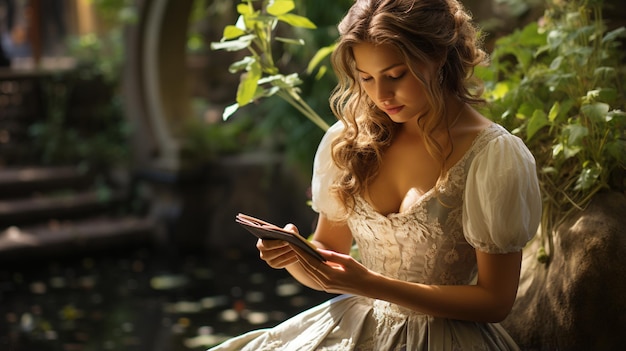 giovane donna che legge un libro nella foresta d'autunno