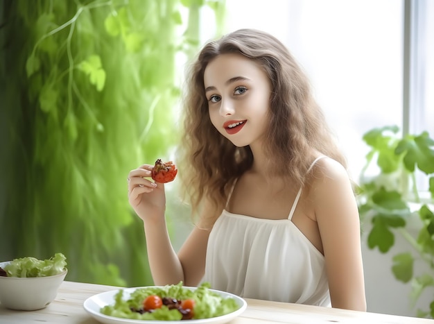Giovane donna che mangia cibo sano e seduta nella sala da pranzo decorata con piante verdi sullo sfondo