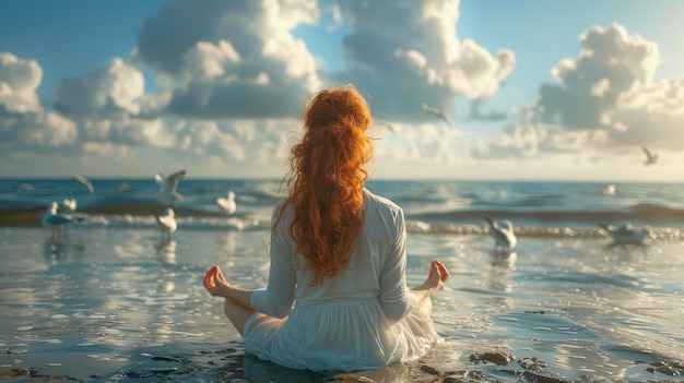Giovane donna che medita sulla spiaggia vicino al mare Donna che pratica yoga sulla spiaggia vista posteriore