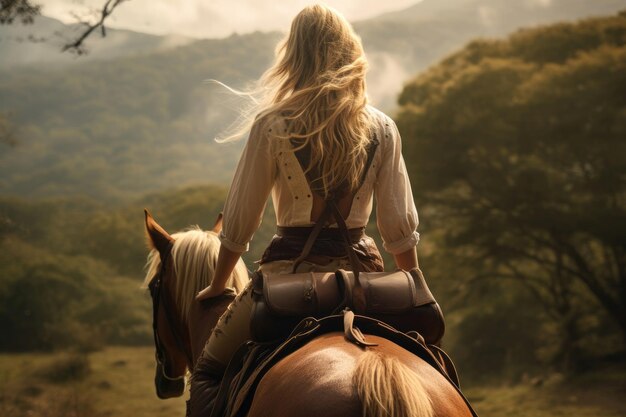 Giovane donna che monta un cavallo