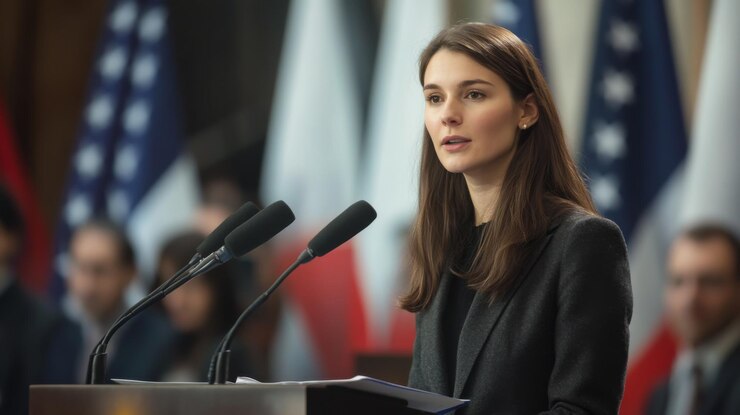 Giovane donna che parla ad un evento politico