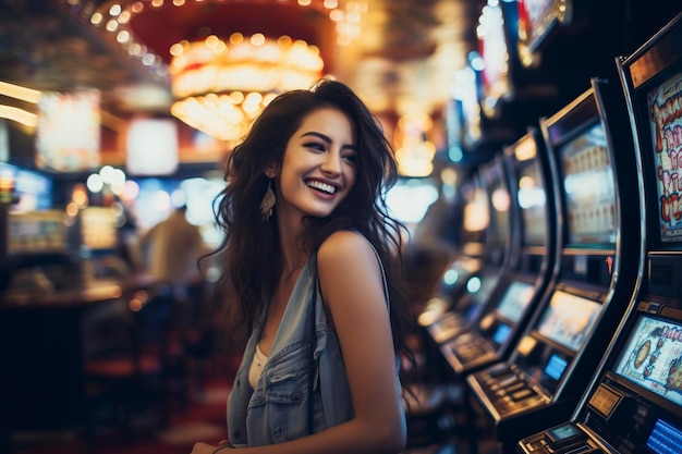 giovane donna che posa accanto alle slot machine in un casinò