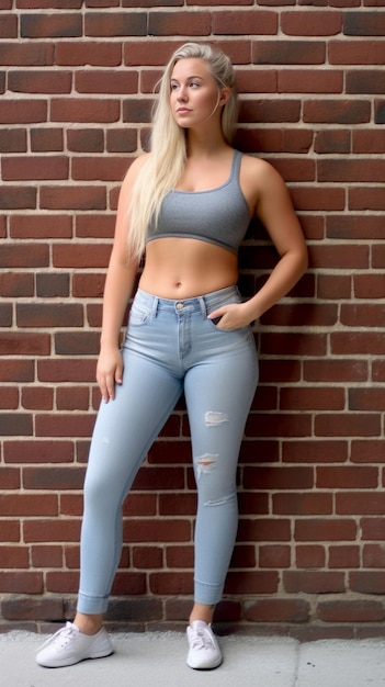 Giovane donna che posa in crop top e jeans AI generativa