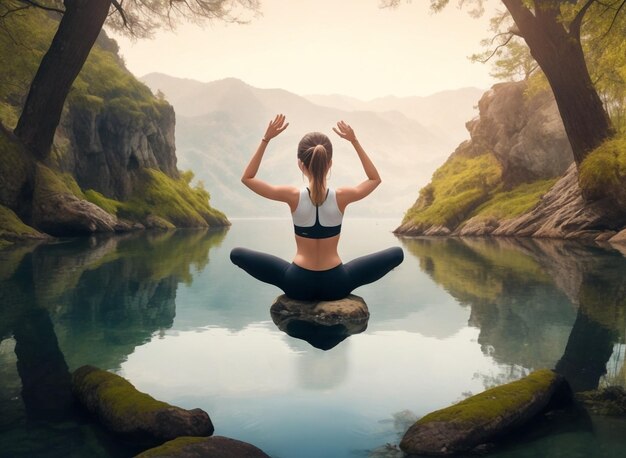 Giovane donna che pratica lo yoga in un lago di montagna