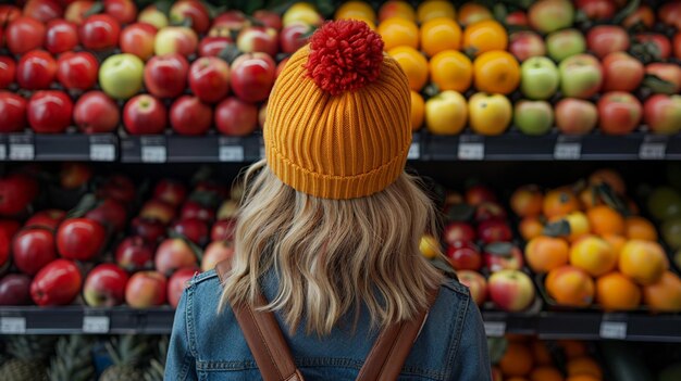 Giovane donna che raccoglie mele fresche in un negozio di alimentari