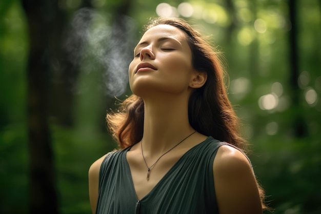 Giovane donna che respira aria fresca in una foresta con gli occhi chiusi