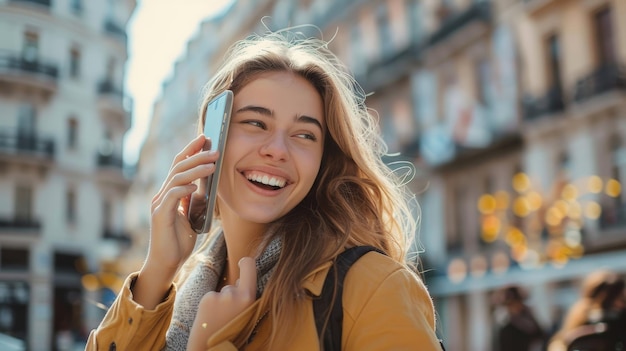 Giovane donna che ride impegnata in una telefonata in mezzo al trambusto urbano AI generativa