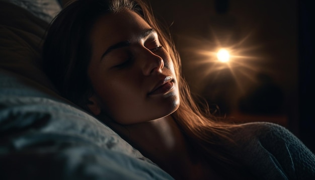 Giovane donna che riposa comodamente in una camera da letto serena generata dall'intelligenza artificiale