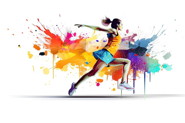 Giovane donna che salta con un sacco di spruzzi colorati illustrazione Esecuzione di atletica leggera sport donna spruzzi colorati AI Generato