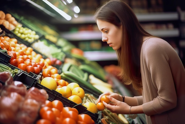 Giovane donna che sceglie la frutta al supermercato Concentrati in primo piano IA generativa