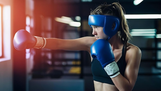 Giovane donna che si allena come pugile in palestra