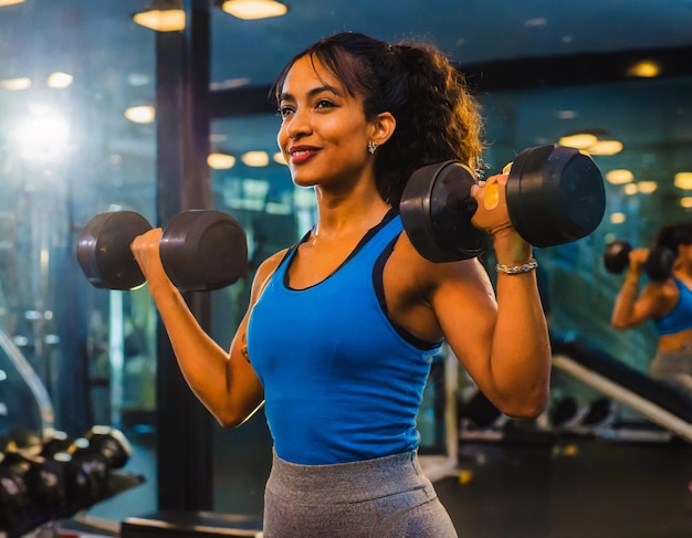 Giovane donna che si allena con un manubrio in palestra