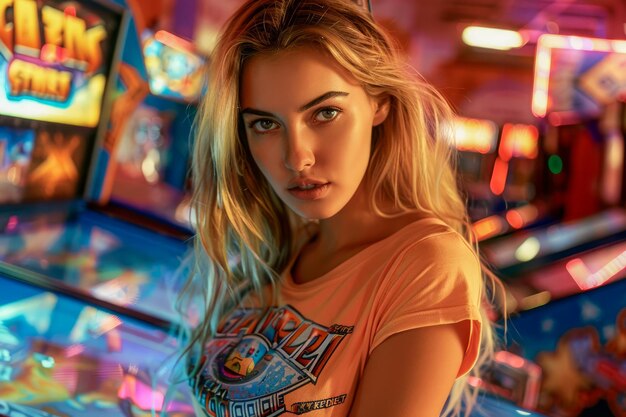 Giovane donna che si diverte a passare la notte in un'arcade vibrante luci colorate e atmosfera di gioco intorno