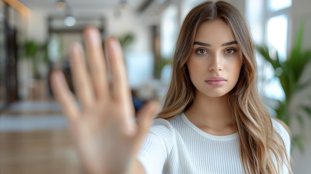 Giovane donna che si ferma con la mano all'interno durante il giorno