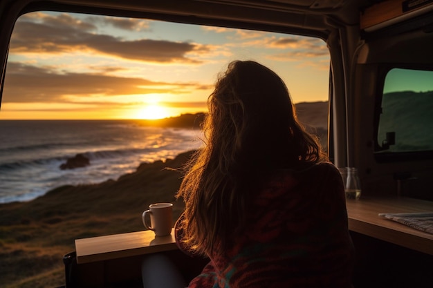 Giovane donna che si gode il tramonto dall'interno del suo furgone