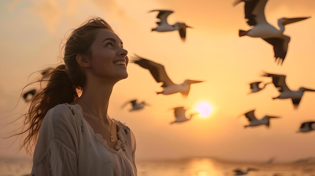 Giovane donna che si gode la libertà al tramonto con gli uccelli che volano serena immagine di stile di vita ispiratrice che cattura un momento di beatitudine perfetta per il benessere e i temi di viaggio AI