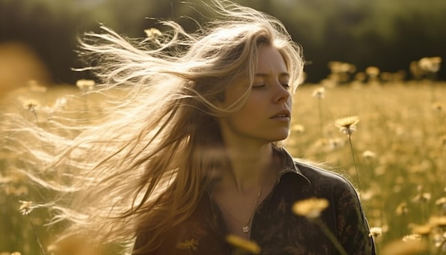 Giovane donna che si gode la libertà della natura sorridendo alla luce solare generata dall'intelligenza artificiale