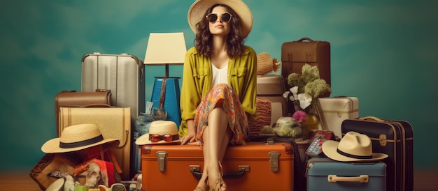 Giovane donna che si prepara a viaggiare imballando la valigia e raccogliendo documenti di viaggio pronti per le vacanze