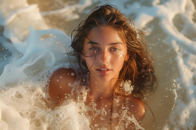 Giovane donna che si rilassa nell'oceano illuminato dalle onde Golden Hour Scena sulla spiaggia con schiuma d'acqua