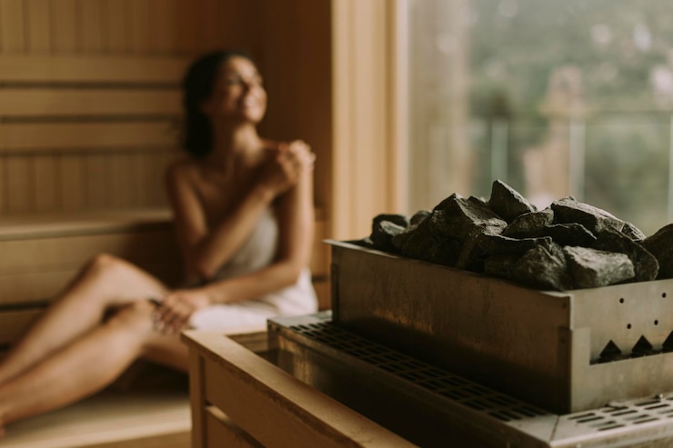 Foto giovane donna che si rilassa nella sauna