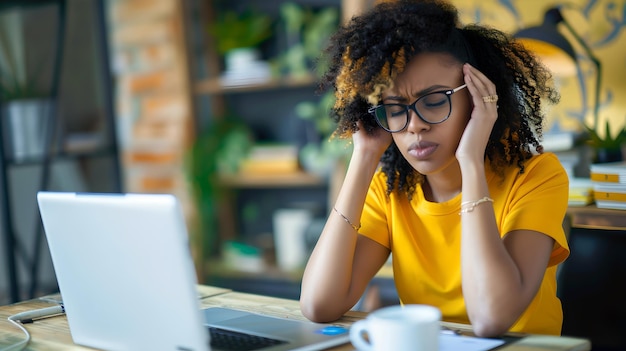 Giovane donna che si sente stressata lavorando su un portatile in stile casuale in un moderno ufficio creativo concentrato sopraffatto dall'IA