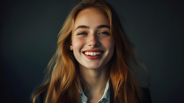 Giovane donna che sorride allegramente in un ambiente buio in stile casuale ritratto emotivo perfetto per la pubblicità di lifestyle AI