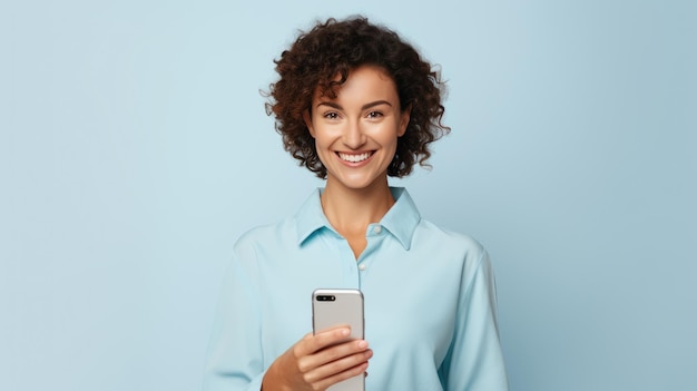 Giovane donna che sorride e tiene in mano il suo smartphone su uno sfondo colorato