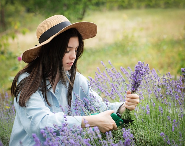 Giovane donna che taglia i mazzi di lavanda