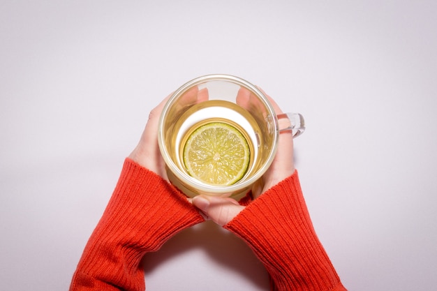 giovane donna che tiene in entrambe le mani tazza con camomilla al limone