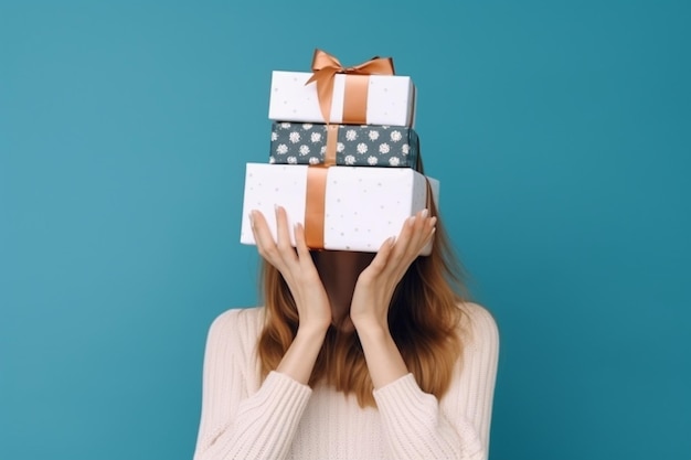 Giovane donna che tiene una pila di scatole regalo davanti al viso su sfondo blu studio