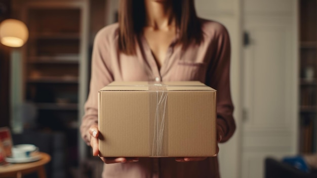 Giovane donna che trasporta una grande scatola durante un trasloco in una nuova casa o la consegna di un pacco