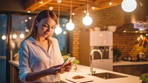 Giovane donna che usa lo smartphone in cucina Concetto di Internet delle cose IA generativa