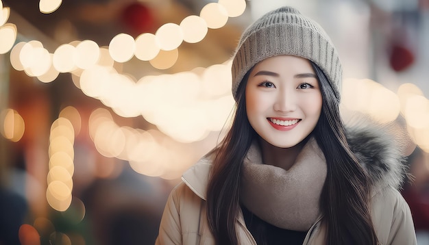 Giovane donna cinese che indossa un cappello al concetto giusto del nuovo anno