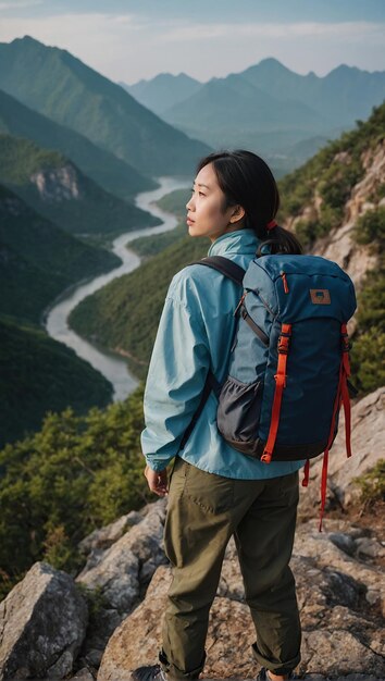 Giovane donna cinese con uno zaino turistico in piedi in cima a una roccia nelle montagne viaggia