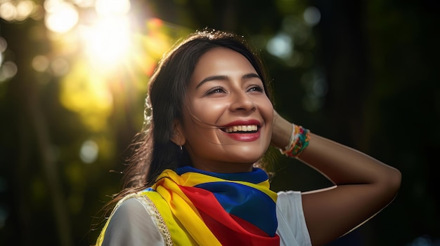 Giovane donna colombiana allegra con bandiera colombiana