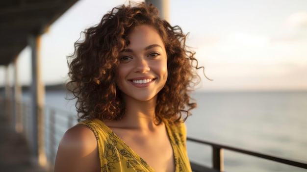 Giovane donna con capelli chiari e occhi azzurri che distoglie lo sguardo con lo sfondo del mare e del molo generato dall'intelligenza artificiale