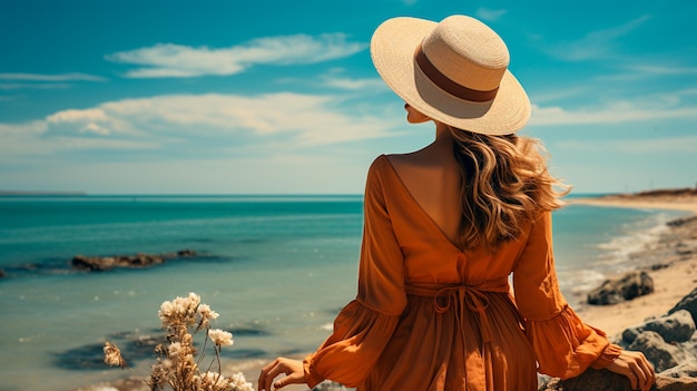 giovane donna con capelli lunghi che indossa cappello di paglia in piedi in mare e guardando la fotocamera vacanze estive e concetto di viaggio