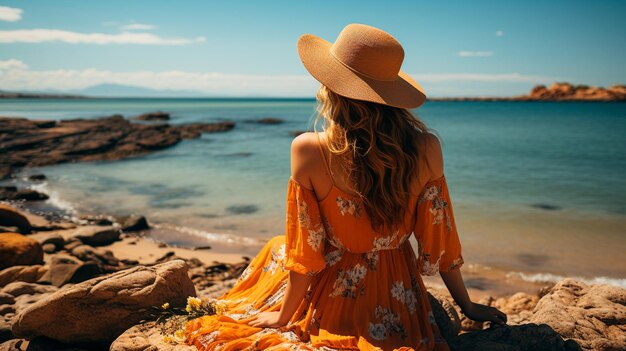 giovane donna con capelli lunghi che indossa cappello di paglia in piedi in mare e guardando la fotocamera vacanze estive e concetto di viaggio