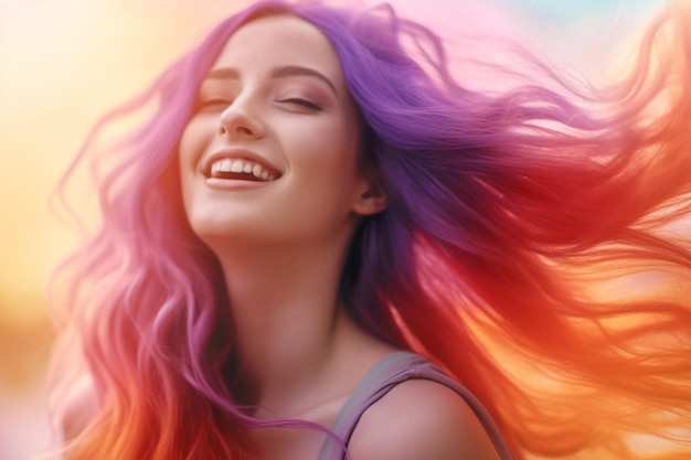 Giovane donna con capelli lunghi di colore viola e arancione con IA generativa