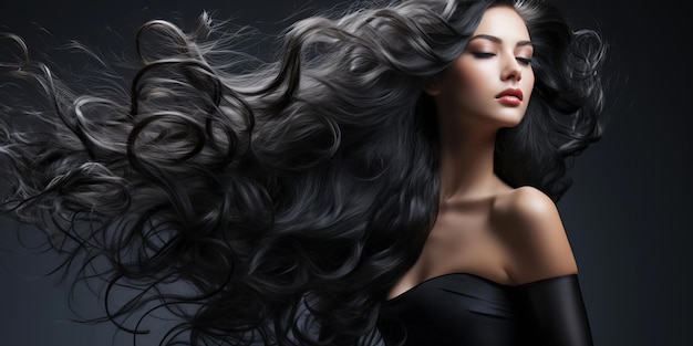 Giovane donna con capelli neri lunghi sani Capelli belli ondulati lucidi Illustrazione digitale